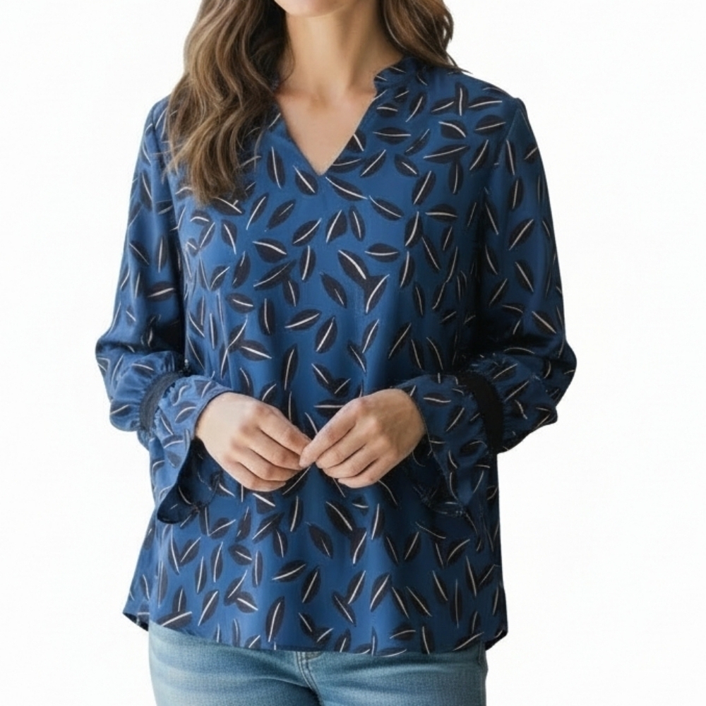 CAbi Shadow Leaf Blouse Size M Long Bell Sleeves V Neck Chiffon Pullover Relaxed